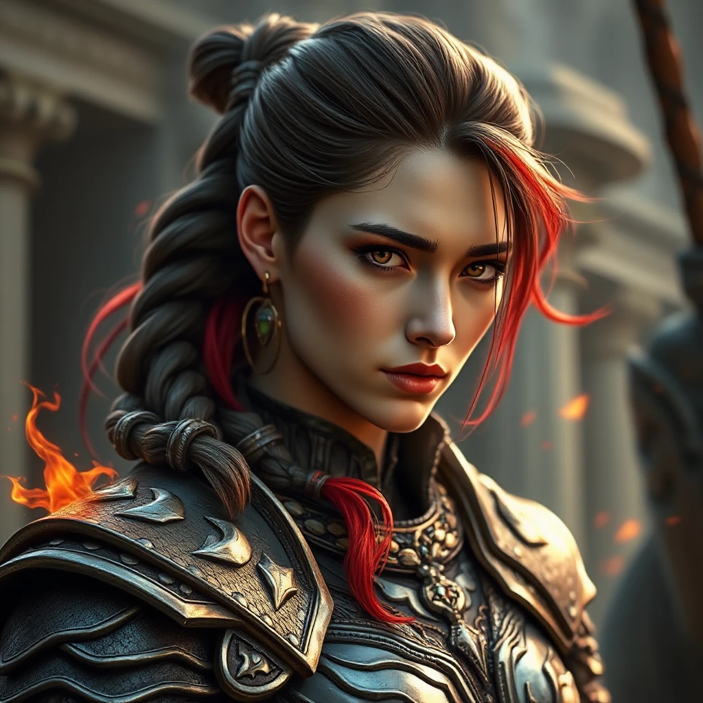 A warrior woman from a forgotten realm, clad in gleaming armor crafted from the scales of mythical beasts, her hair tied back in a fierce braid, with fiery red streaks running through it, facing forward with determination etched on her face.