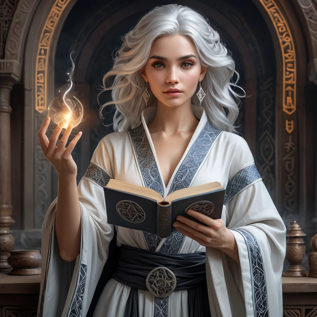 An ancient sorceress with silver hair reaching her waist, wearing robes that swirl with patterns of ancient runes and arcane symbols, her hands poised above an open tome as if preparing to cast a powerful spell.