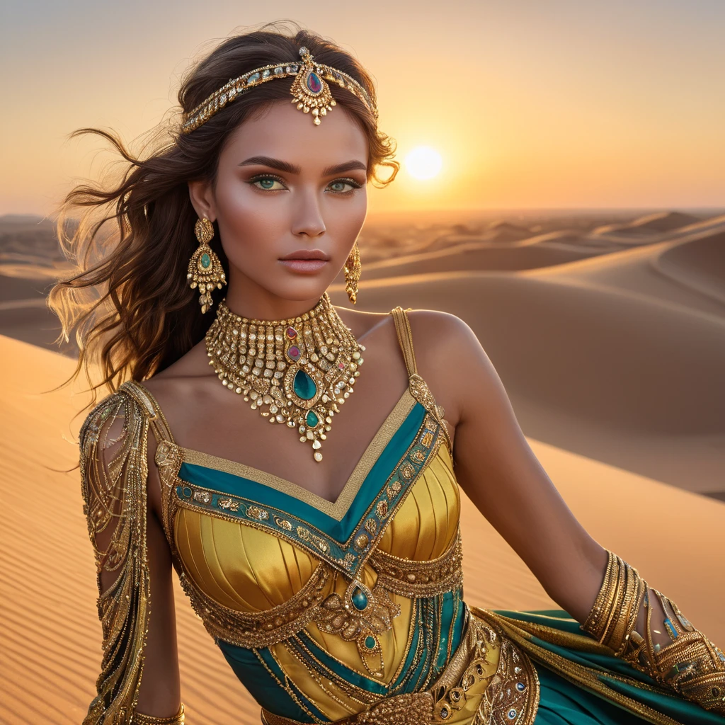 Desert queen with sun-kissed skin and kohl-rimmed eyes, adorned in jewel-toned silks and gold, atop a sand dune at sunset