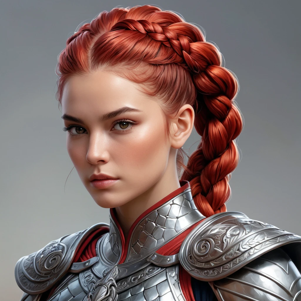 A warrior woman from a forgotten realm, clad in gleaming armor crafted from the scales of mythical beasts, her hair tied back in a fierce braid, with fiery red streaks running through it, facing forward with determination etched on her face.