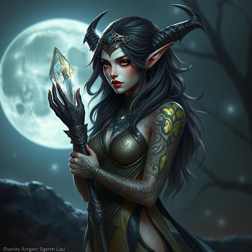 A dark elf queen with intricate tattoos glowing in the moonlight, holding a crystal staff