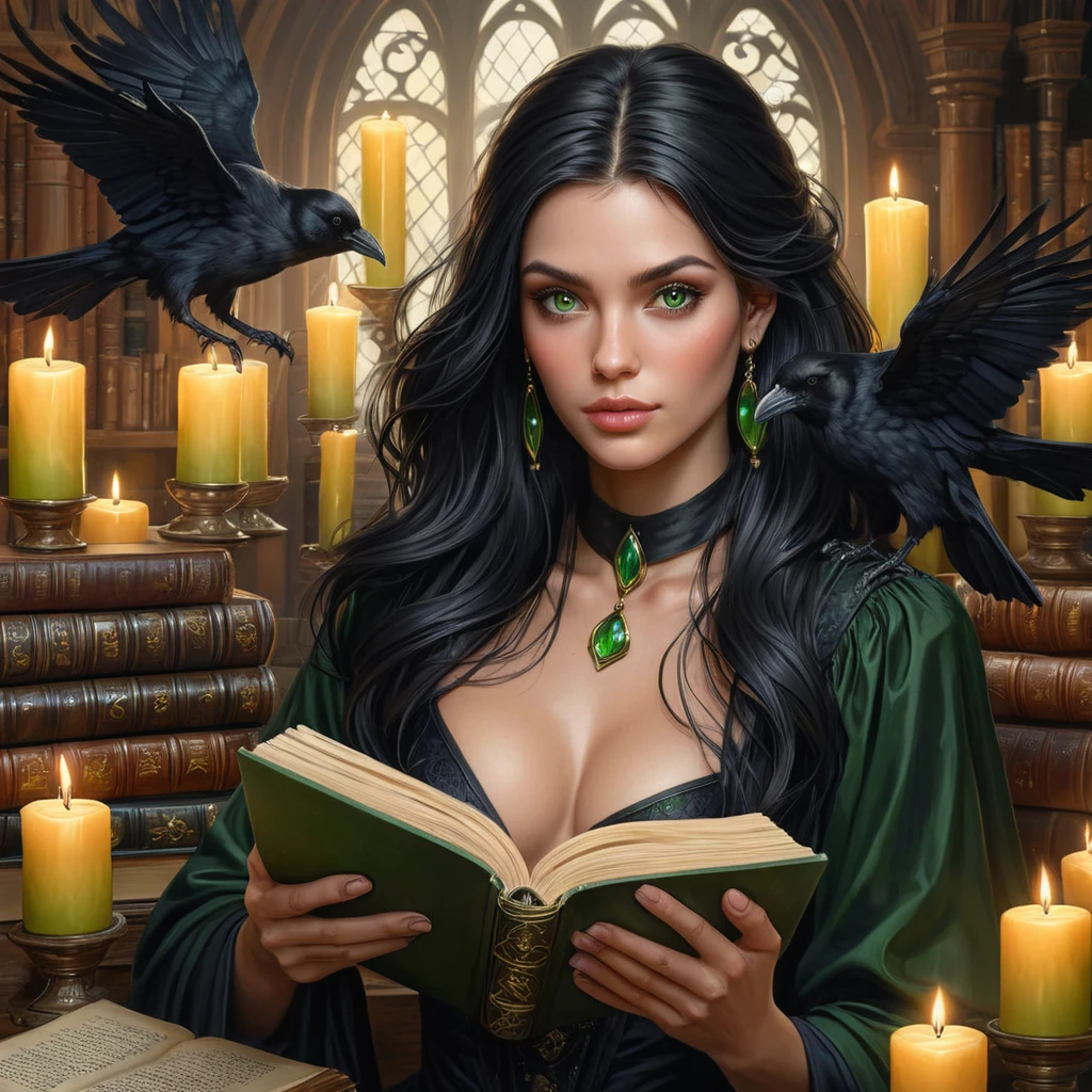 A witch with raven hair and piercing green eyes, surrounded by floating candles and ancient tomes