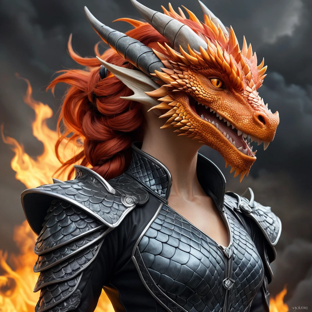 A fierce dragon rider, clad in leathers that are intricately designed to resemble the scales of a real dragon, with fiery red hair tied back defiantly, and eyes burning with inner fire.