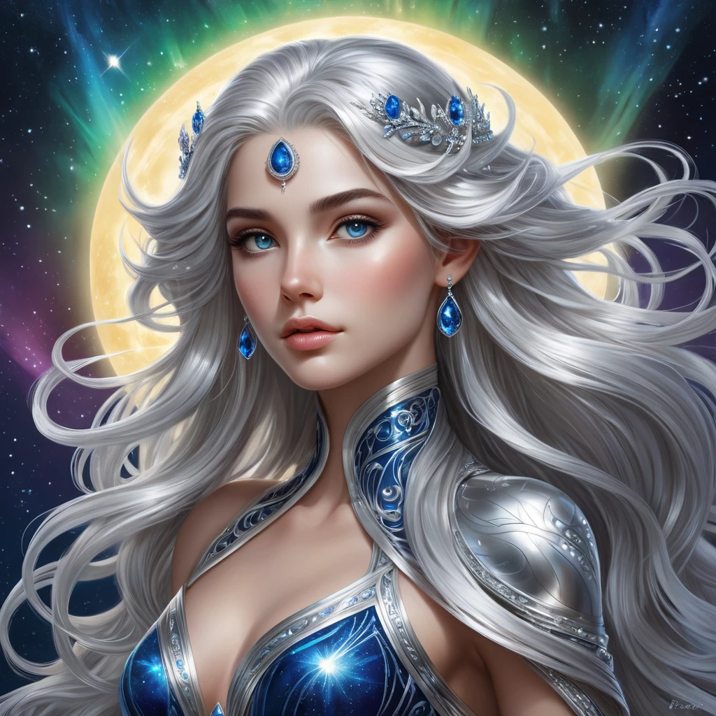 A celestial goddess with flowing silver hair and eyes like sapphires, standing amidst a shimmering aurora