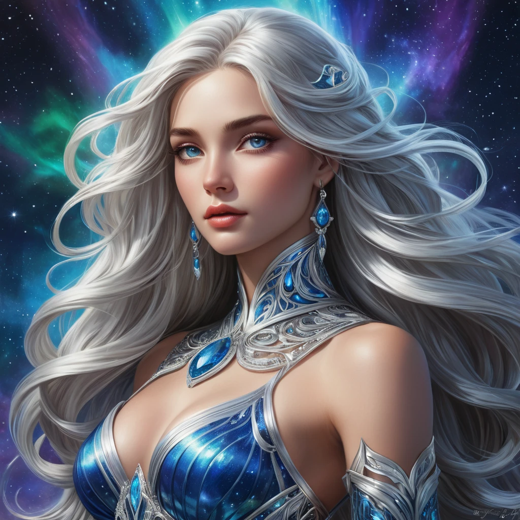 A celestial goddess with flowing silver hair and eyes like sapphires, standing amidst a shimmering aurora