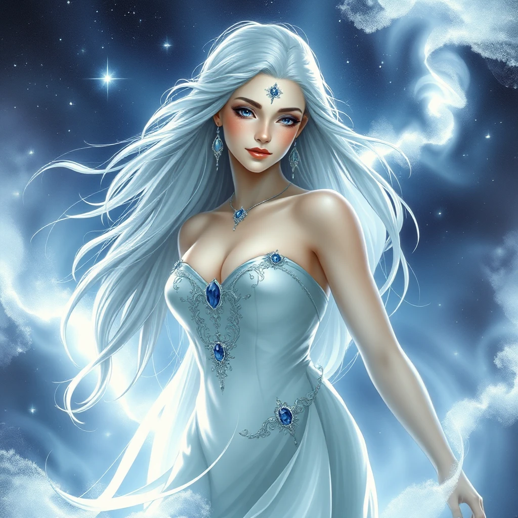 A celestial goddess with flowing silver hair and eyes like sapphires, standing amidst a shimmering aurora