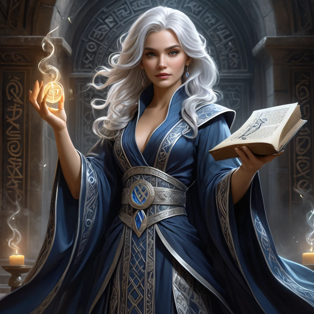 An ancient sorceress with silver hair reaching her waist, wearing robes that swirl with patterns of ancient runes and arcane symbols, her hands poised above an open tome as if preparing to cast a powerful spell.