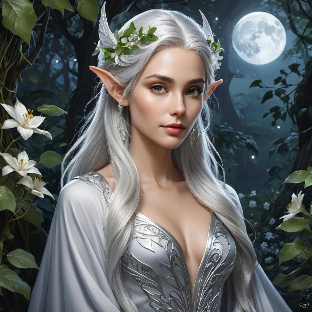 Elven queen with pointed ears and silver hair, dressed in flowing robes of living vines and flowers, in a mystical moonlit glade