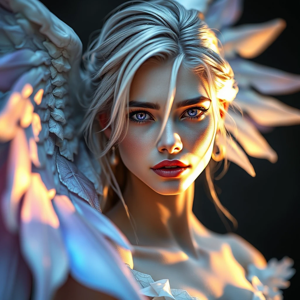 An ethereal fantasy heroine with delicate wings made of iridescent material, glowing with an inner light that casts shadows across her porcelain skin and highlights her striking violet eyes.