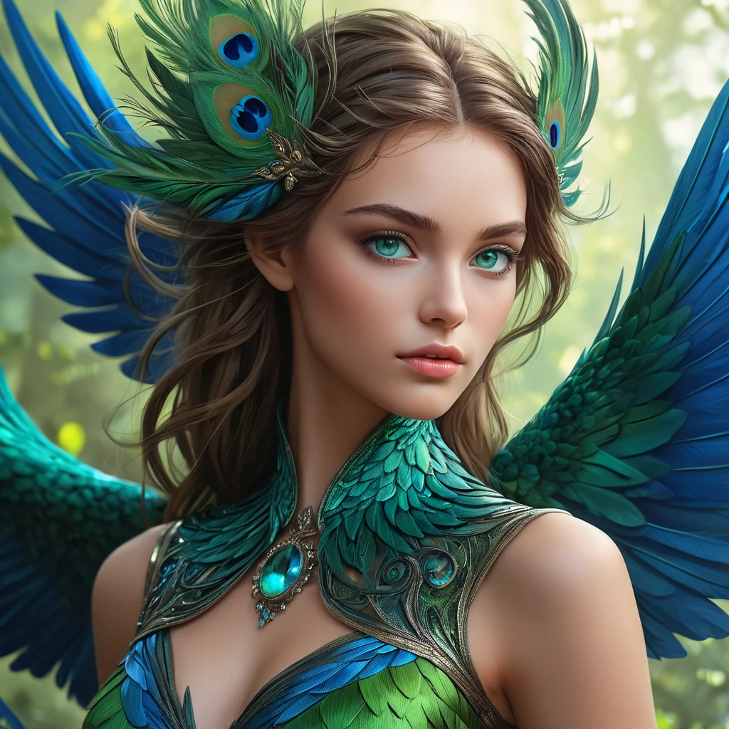 A mythical creature of legend, half-human, half-bird, with stunning green plumage and striking blue eyes, surrounded by a mystical aura that makes her appear almost otherworldly.