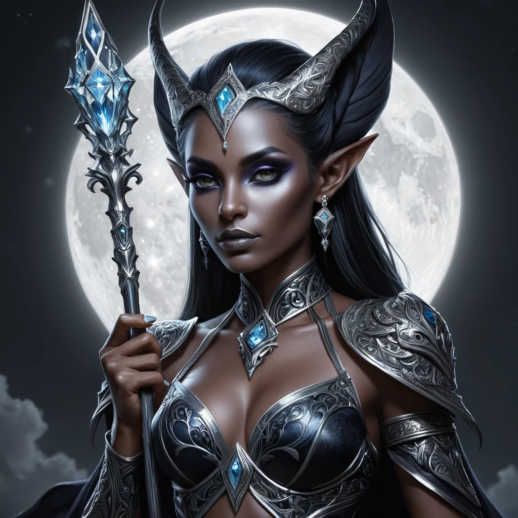 A dark elf queen with intricate tattoos glowing in the moonlight, holding a crystal staff