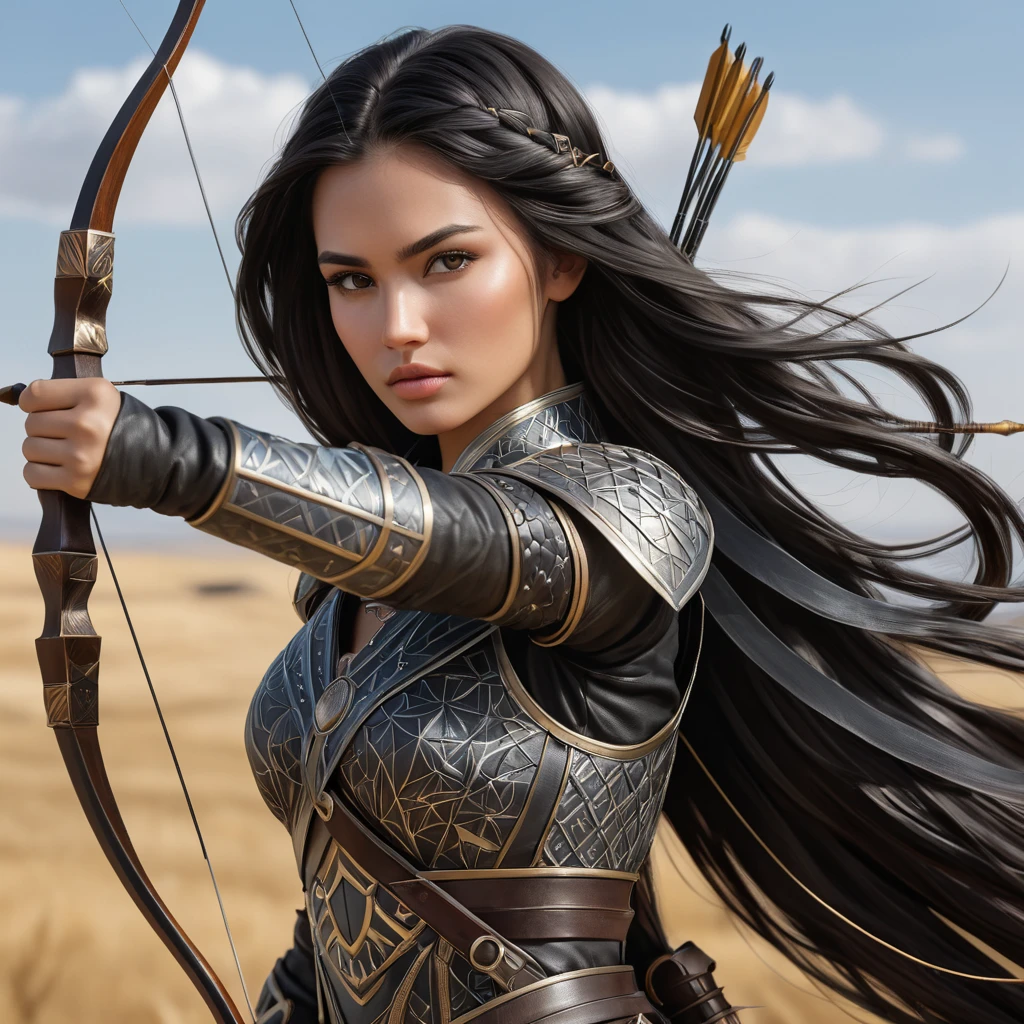 A warrior princess from the steppes, equipped with traditional leather armor adorned with intricate geometric patterns and metalwork, her long black hair flowing behind her in the wind, holding a bow and arrow ready for battle.