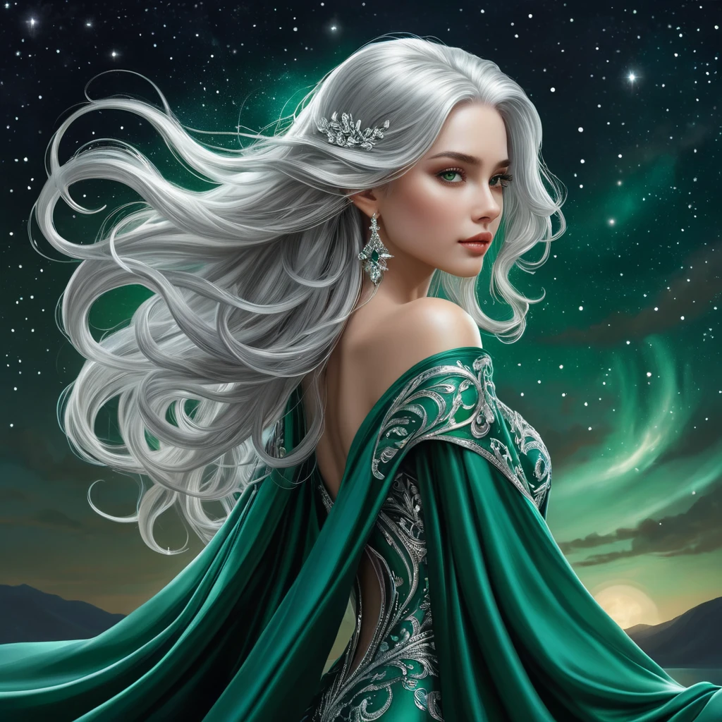 A captivating fantasy woman with long, flowing silver hair that cascades down her back like moonlight captured in silk, wearing intricate, shimmering robes of deep emerald green, set against a backdrop of starlit skies.