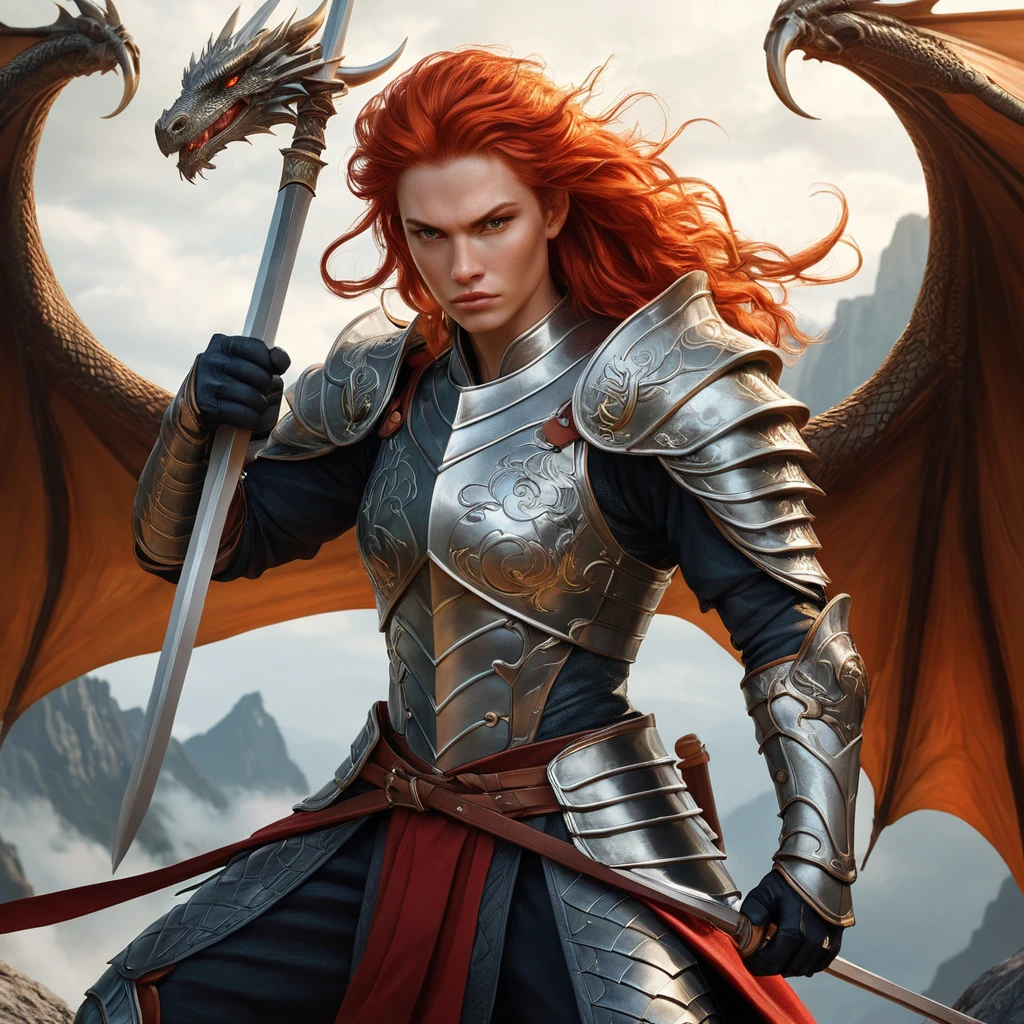 A dragon-riding warrior with fiery red hair and a fierce expression, holding a sword aloft