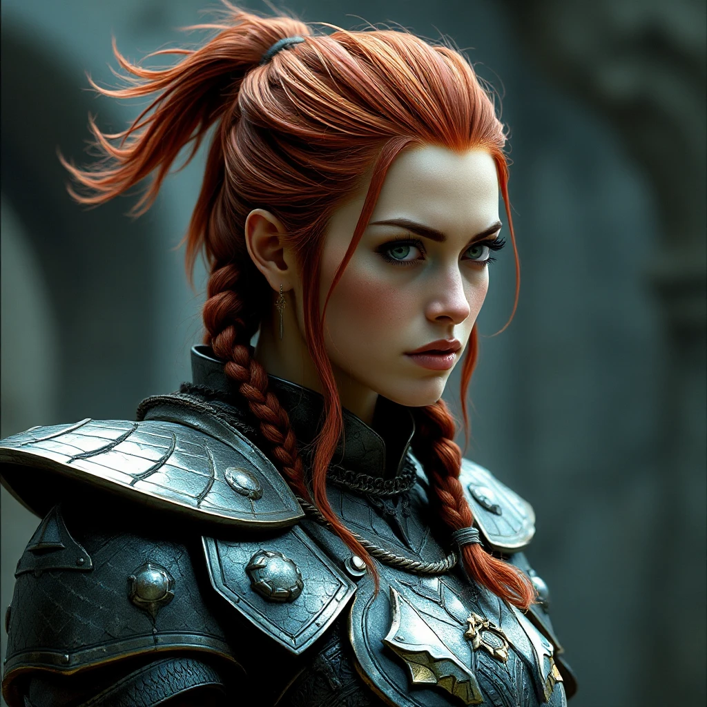 A warrior woman from a forgotten realm, clad in gleaming armor crafted from the scales of mythical beasts, her hair tied back in a fierce braid, with fiery red streaks running through it, facing forward with determination etched on her face.