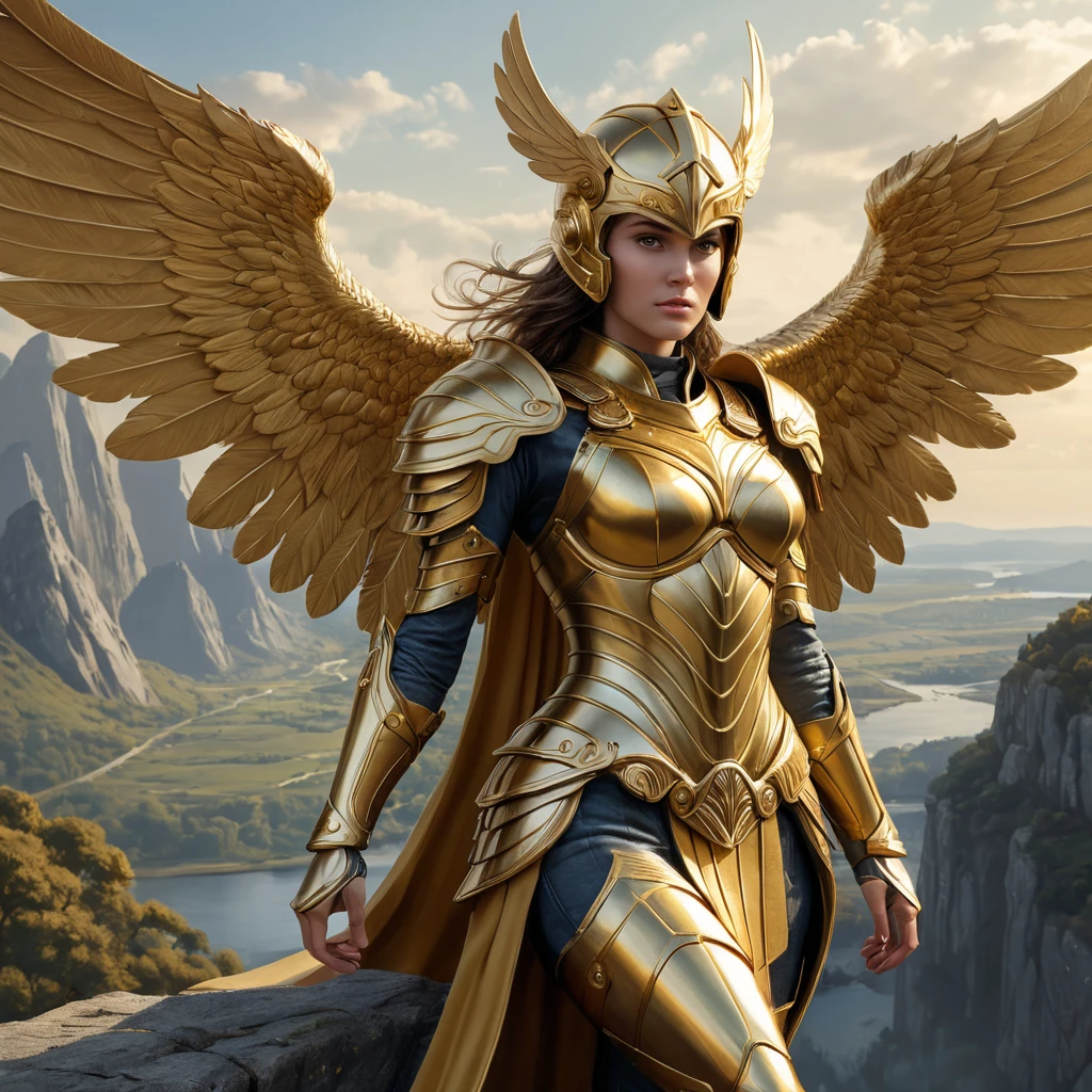 A valkyrie with golden armor and a majestic winged helmet, standing on a cliff overlooking a battlefield