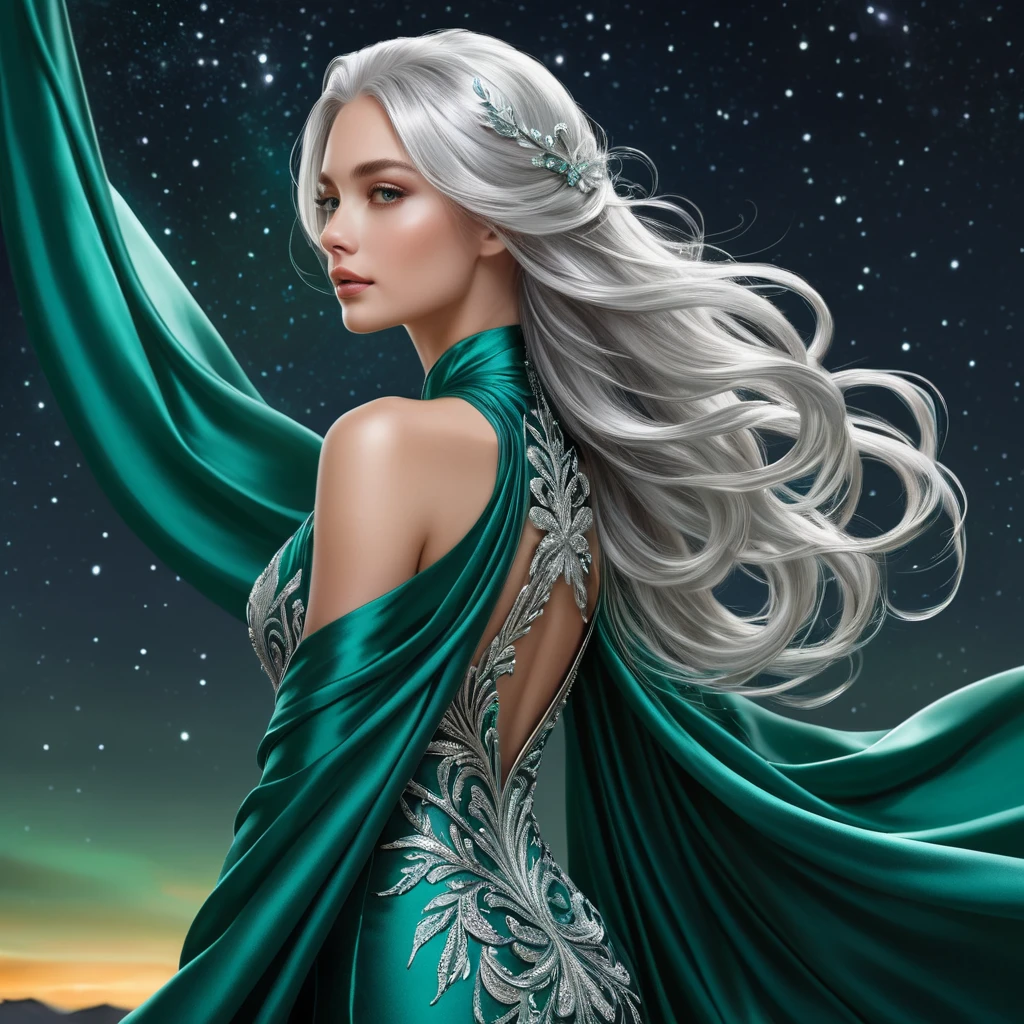 A captivating fantasy woman with long, flowing silver hair that cascades down her back like moonlight captured in silk, wearing intricate, shimmering robes of deep emerald green, set against a backdrop of starlit skies.