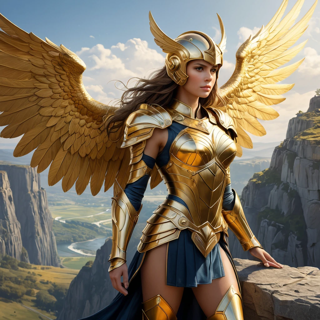 A valkyrie with golden armor and a majestic winged helmet, standing on a cliff overlooking a battlefield