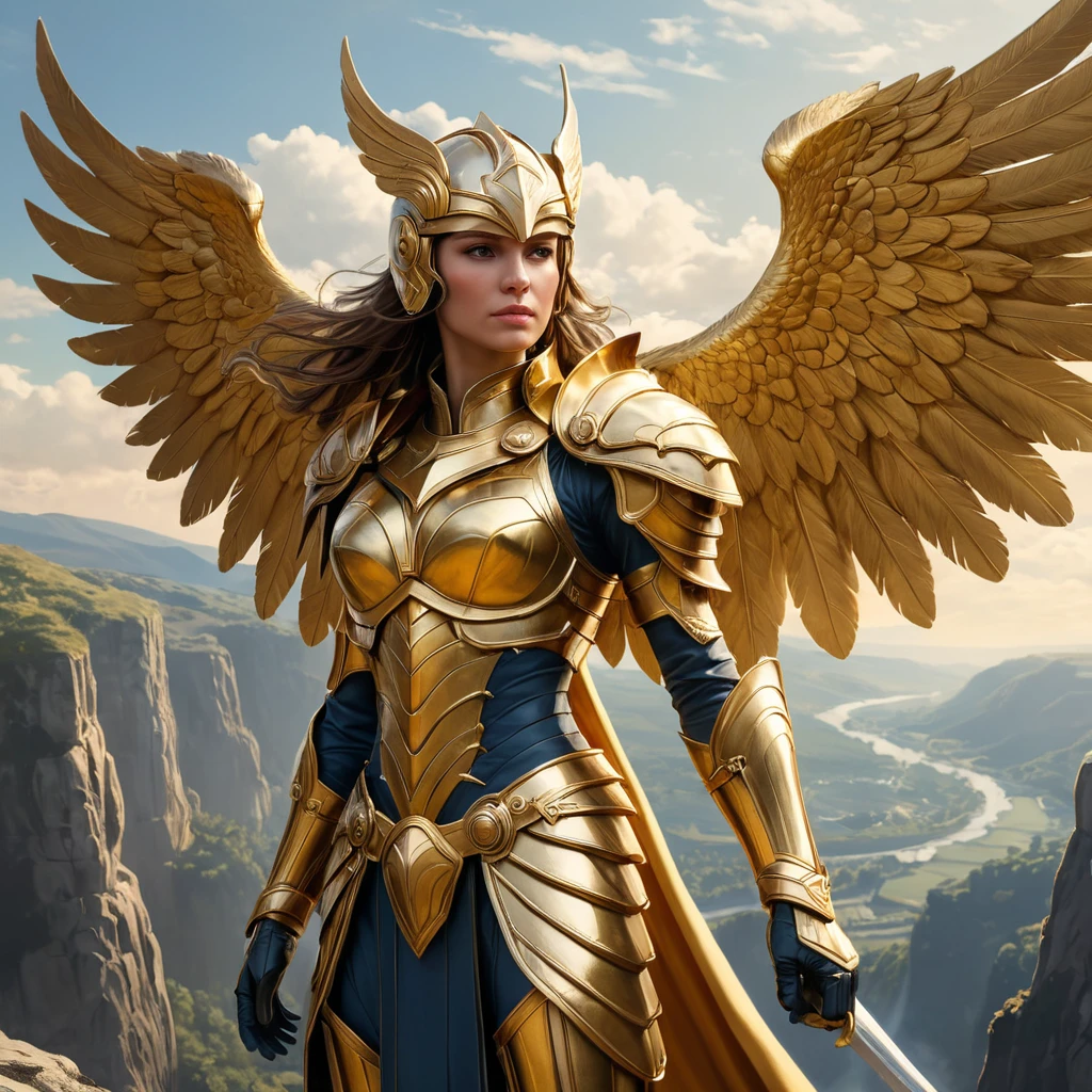 A valkyrie with golden armor and a majestic winged helmet, standing on a cliff overlooking a battlefield