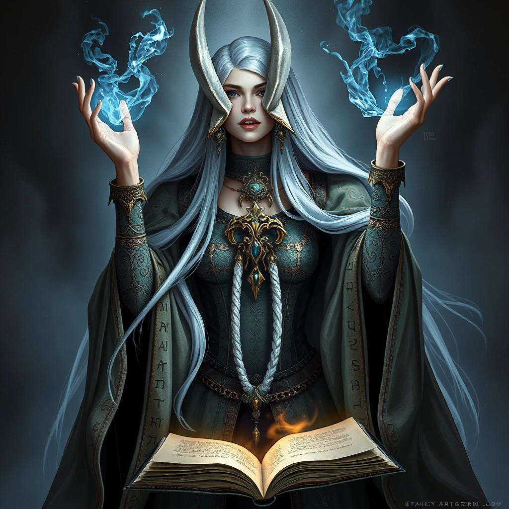 An ancient sorceress with silver hair reaching her waist, wearing robes that swirl with patterns of ancient runes and arcane symbols, her hands poised above an open tome as if preparing to cast a powerful spell.