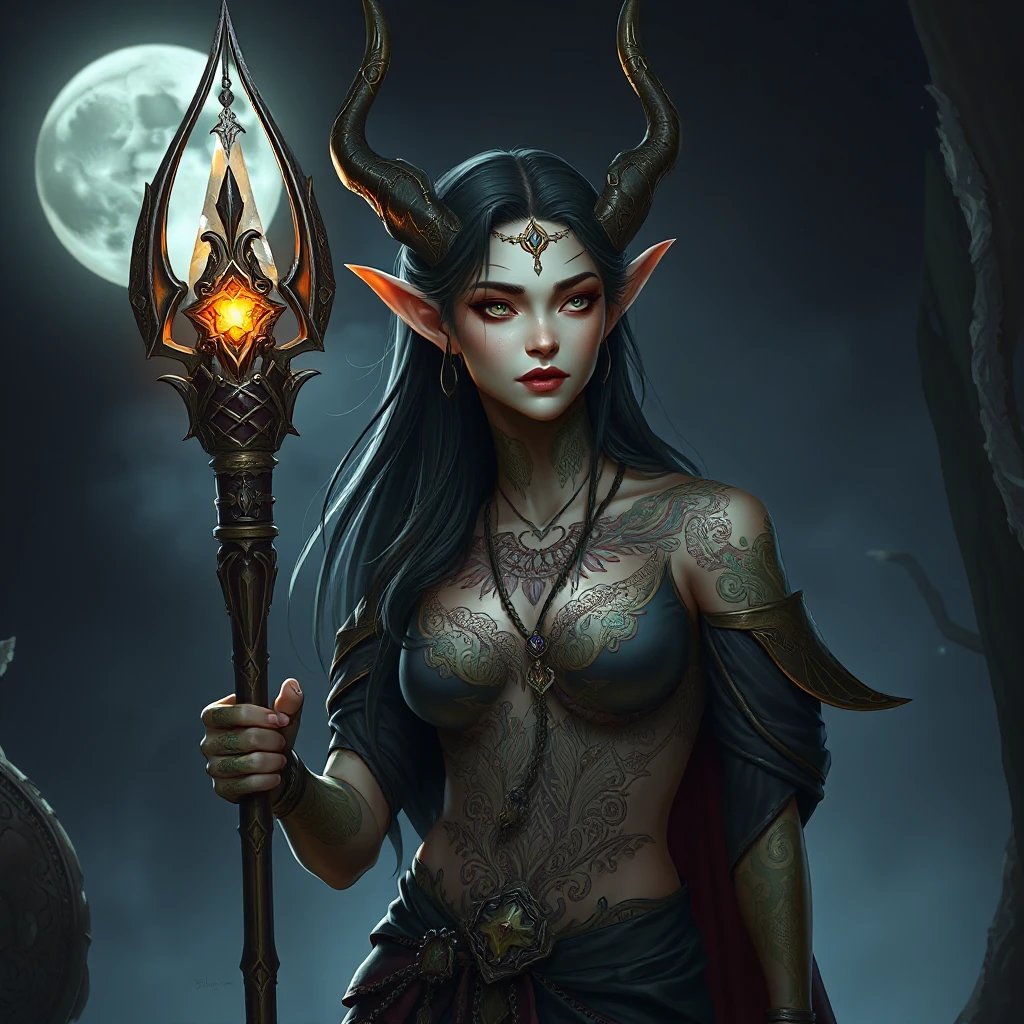 A dark elf queen with intricate tattoos glowing in the moonlight, holding a crystal staff