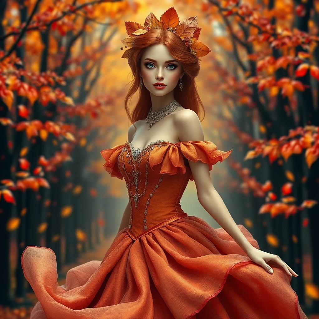 Autumn princess with auburn hair crowned by golden leaves, her dress a swirl of fall colors, in a forest of red and orange trees