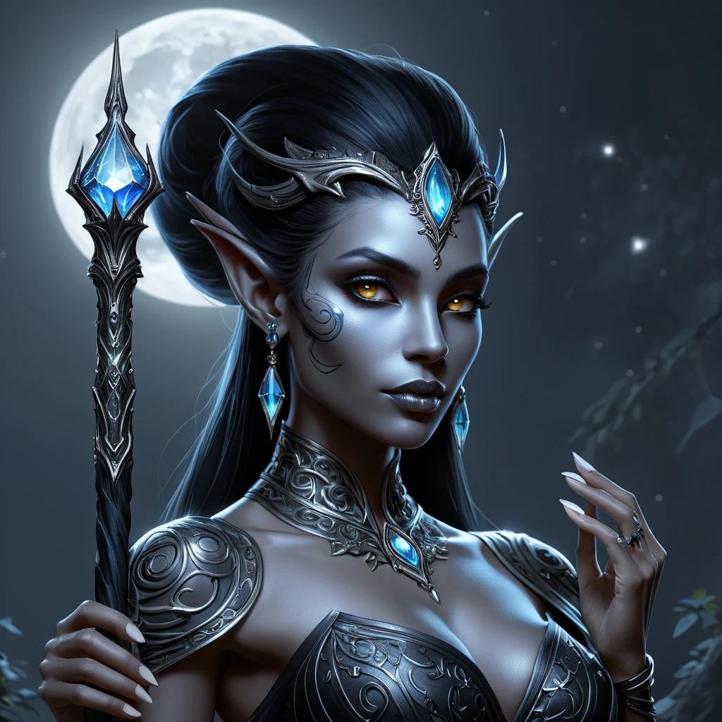 A dark elf queen with intricate tattoos glowing in the moonlight, holding a crystal staff