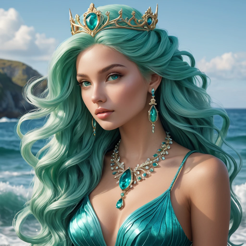 A mermaid queen with long, cascading seafoam green hair that frames her delicate face and cascades around her in soft waves, dressed in a regal trident necklace and shimmering ocean-blue tail feathers.