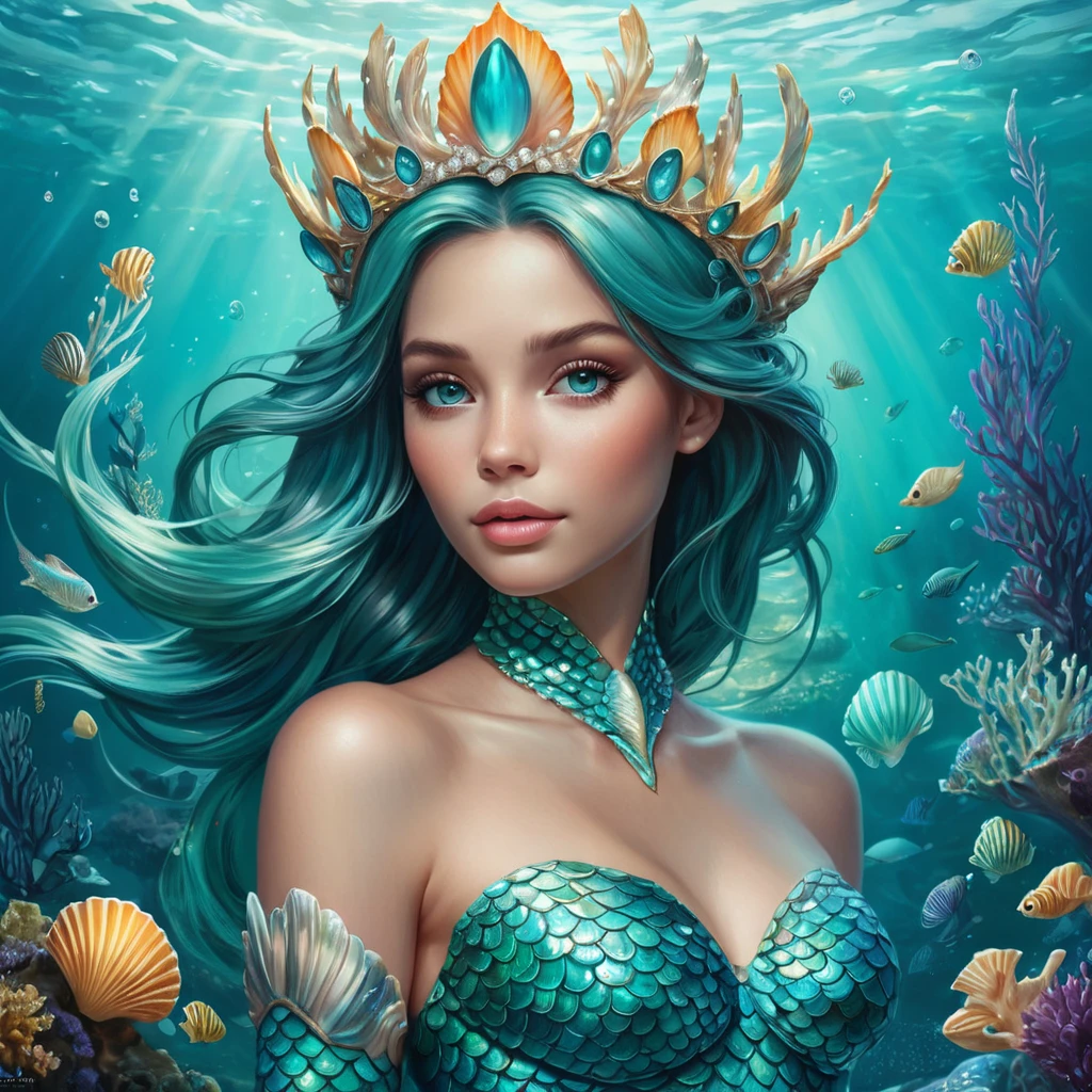 Mermaid queen with iridescent scales and seashell crown, emerging from turquoise waters surrounded by bioluminescent sea creatures