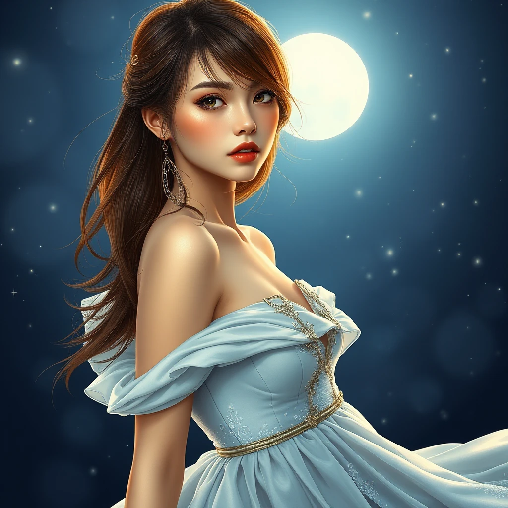 A serene fantasy woman with waist-length chestnut brown hair that frames her delicate features and contrasts beautifully with her soft, flowing dress that sparkles like star dust under the moonlight.