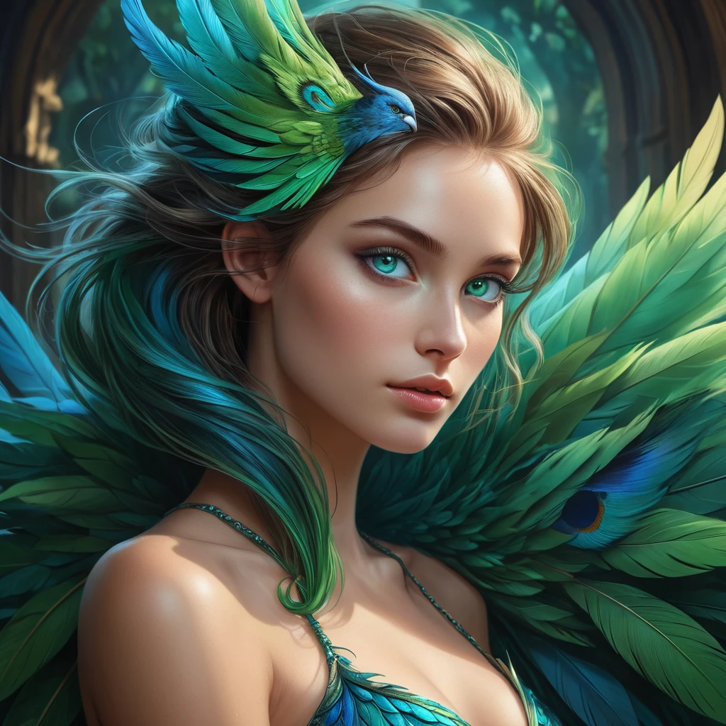 A mythical creature of legend, half-human, half-bird, with stunning green plumage and striking blue eyes, surrounded by a mystical aura that makes her appear almost otherworldly.