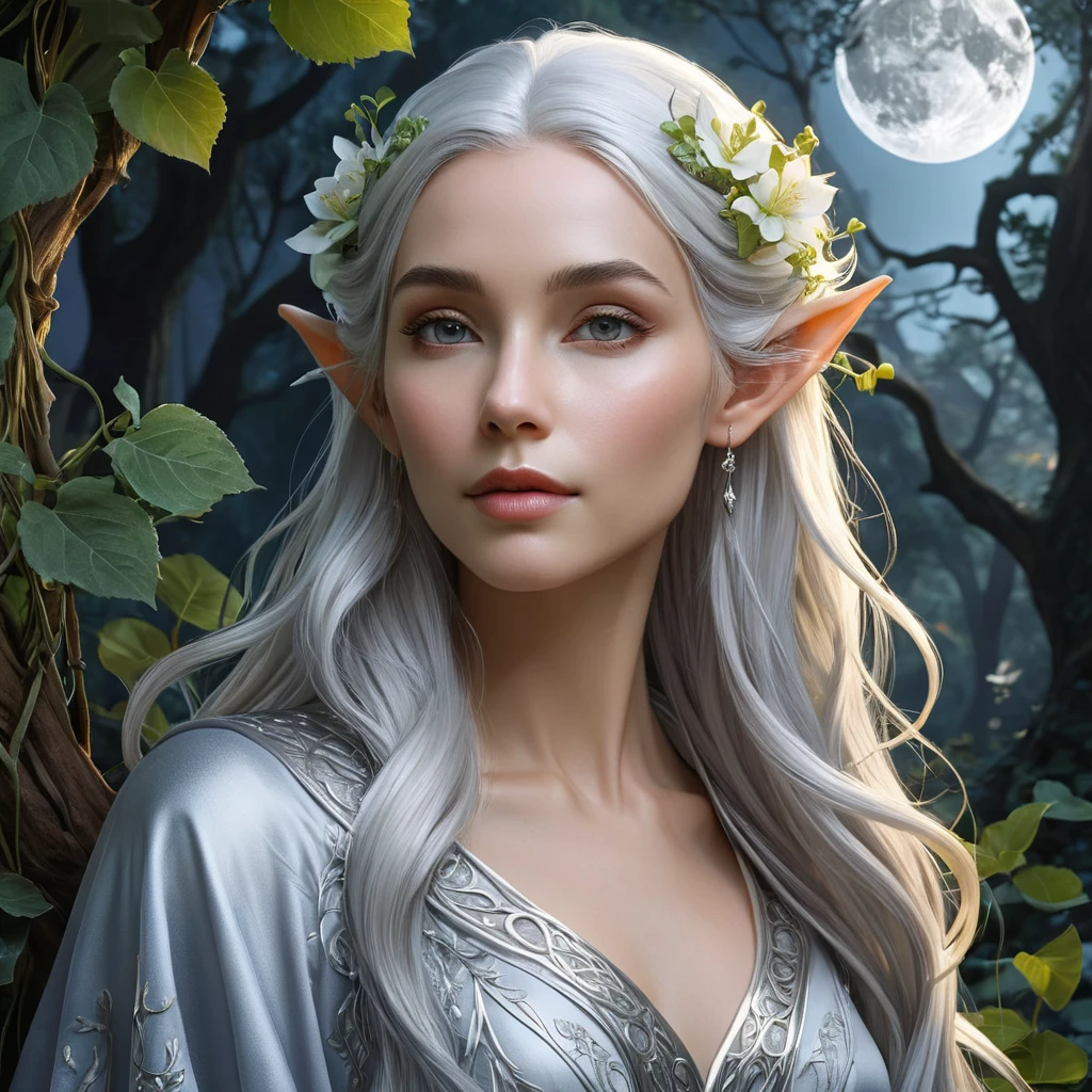 Elven queen with pointed ears and silver hair, dressed in flowing robes of living vines and flowers, in a mystical moonlit glade