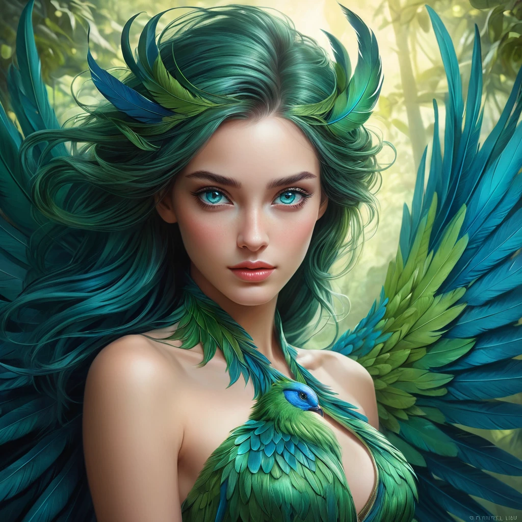 A mythical creature of legend, half-human, half-bird, with stunning green plumage and striking blue eyes, surrounded by a mystical aura that makes her appear almost otherworldly.