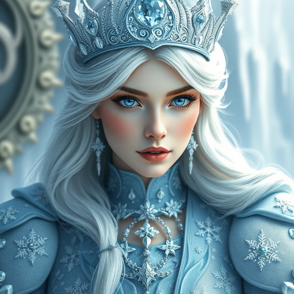 Regal ice queen with piercing blue eyes and frost-tipped hair, wearing a crystalline crown and a gown of swirling snowflakes