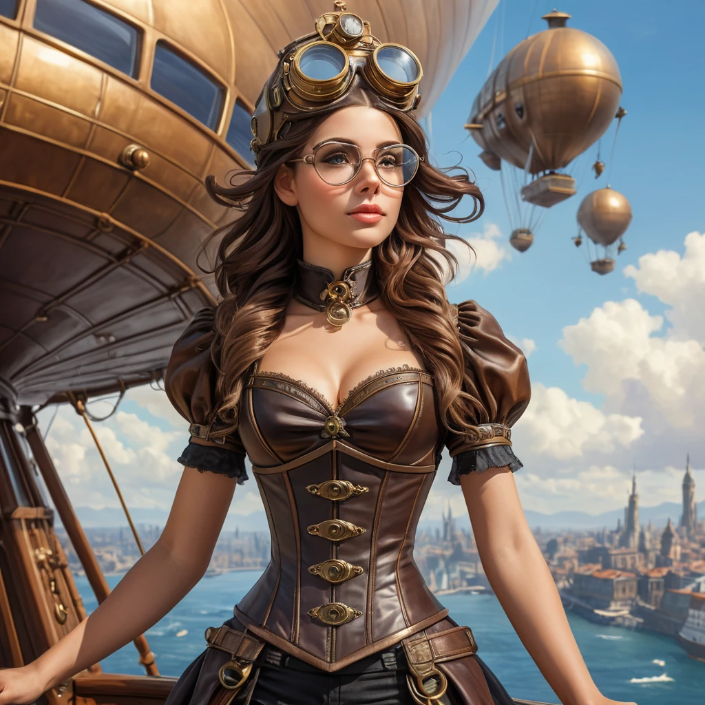 Steampunk princess in a brass and leather corset, goggles atop her head, standing on the deck of a floating airship city