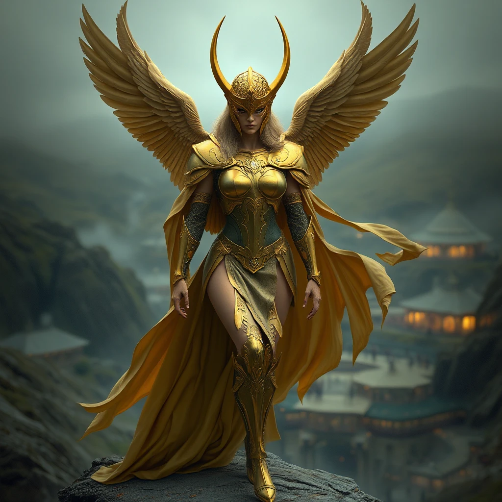 A valkyrie with golden armor and a majestic winged helmet, standing on a cliff overlooking a battlefield