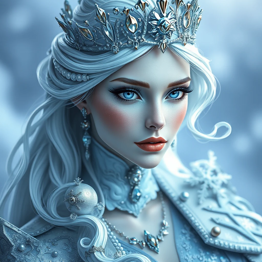 Regal ice queen with piercing blue eyes and frost-tipped hair, wearing a crystalline crown and a gown of swirling snowflakes