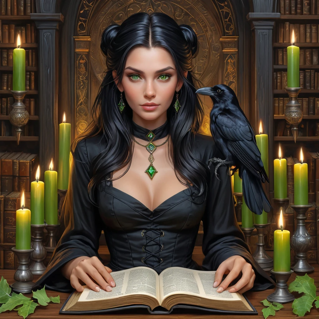 A witch with raven hair and piercing green eyes, surrounded by floating candles and ancient tomes