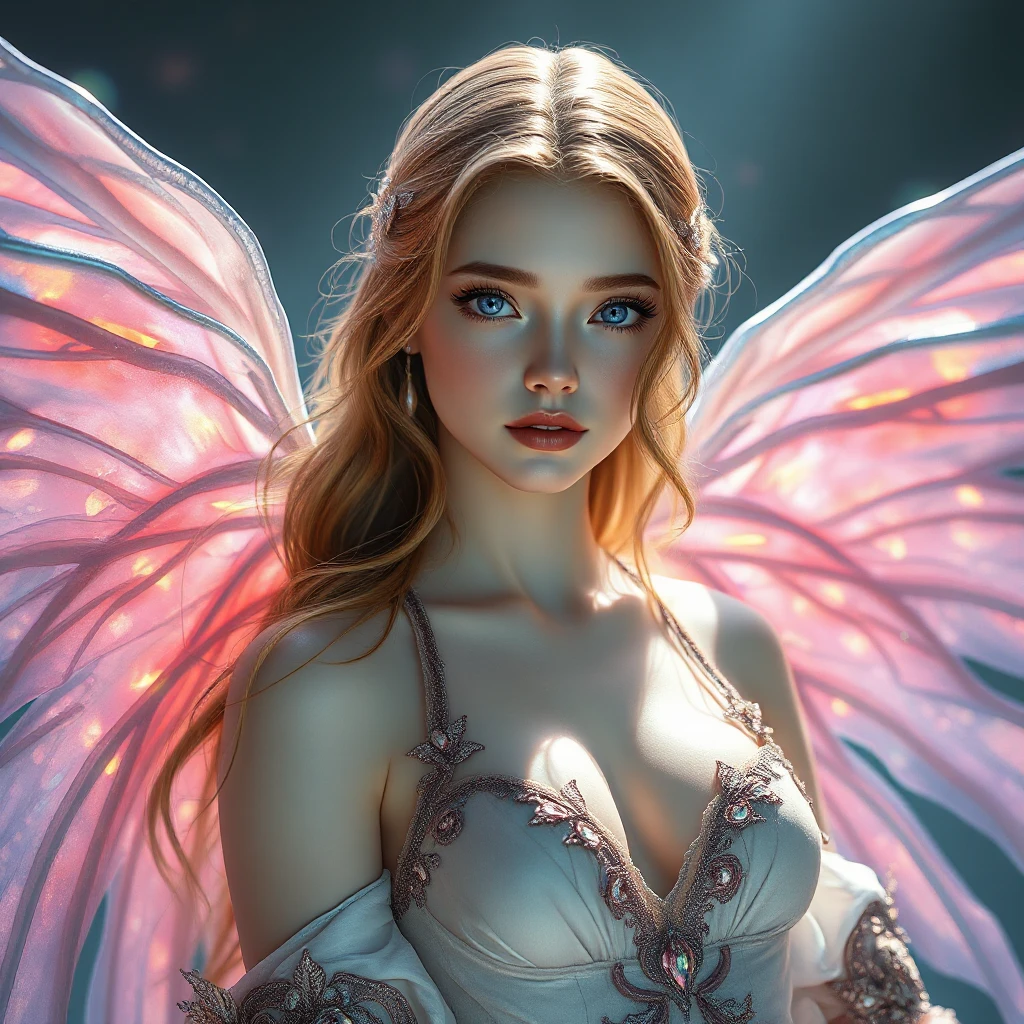 An ethereal fantasy heroine with delicate wings made of iridescent material, glowing with an inner light that casts shadows across her porcelain skin and highlights her striking violet eyes.