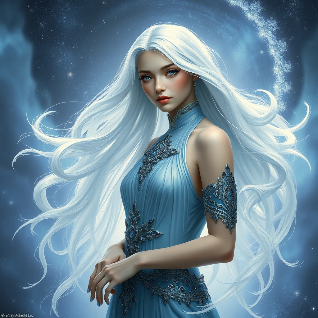 A celestial goddess with flowing silver hair and eyes like sapphires, standing amidst a shimmering aurora