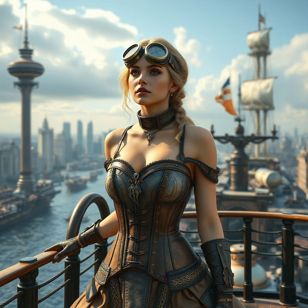 Steampunk princess in a brass and leather corset, goggles atop her head, standing on the deck of a floating airship city