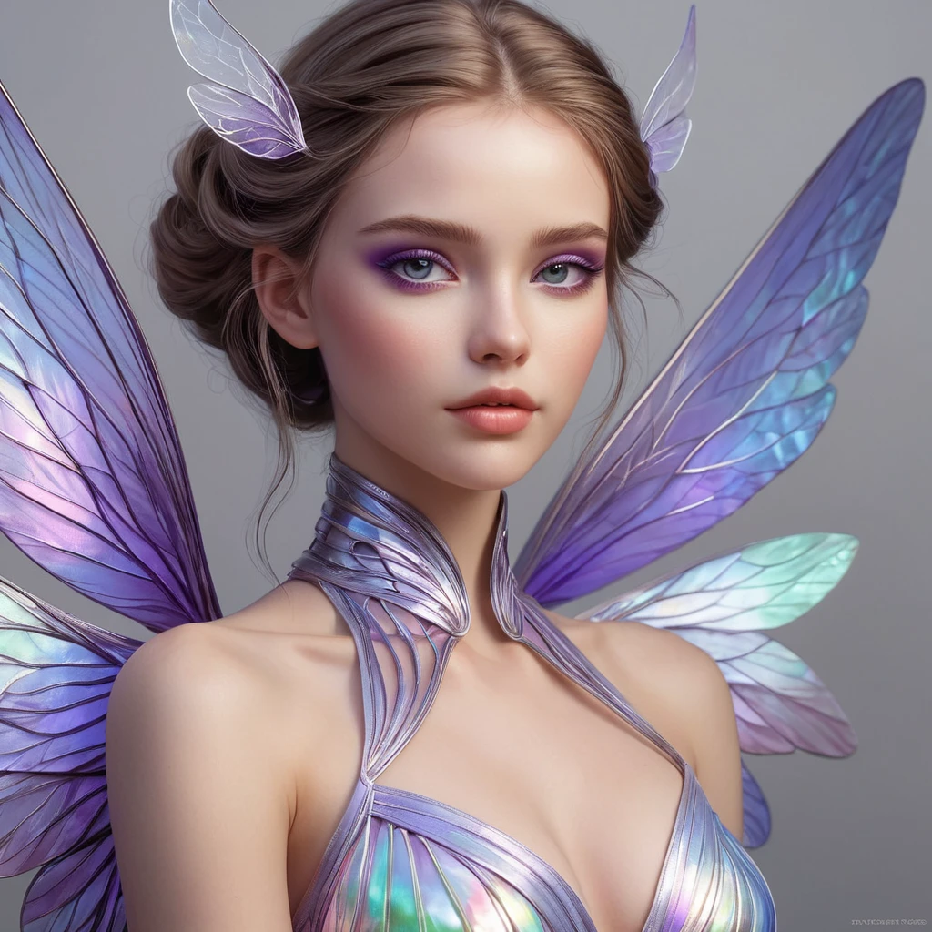 An ethereal fantasy heroine with delicate wings made of iridescent material, glowing with an inner light that casts shadows across her porcelain skin and highlights her striking violet eyes.