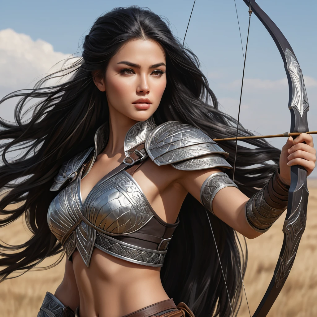 A warrior princess from the steppes, equipped with traditional leather armor adorned with intricate geometric patterns and metalwork, her long black hair flowing behind her in the wind, holding a bow and arrow ready for battle.