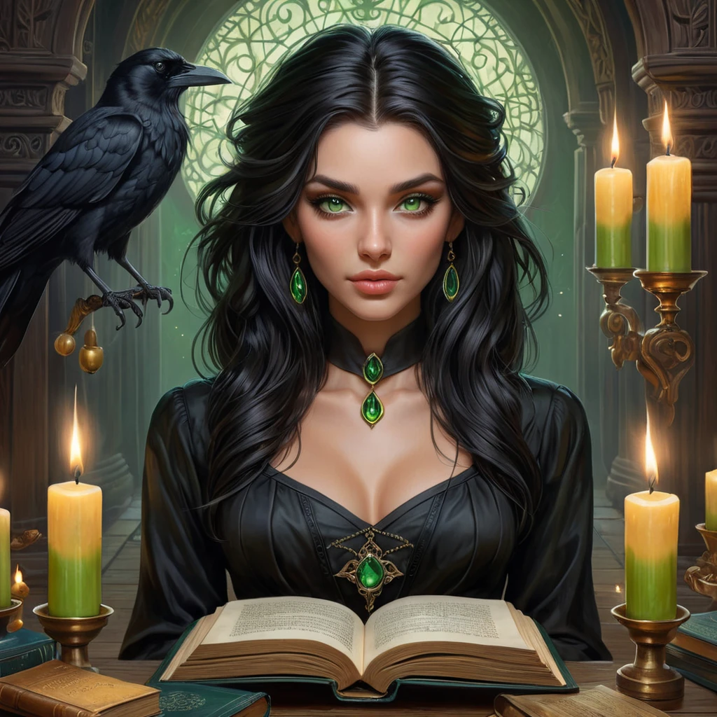 A witch with raven hair and piercing green eyes, surrounded by floating candles and ancient tomes