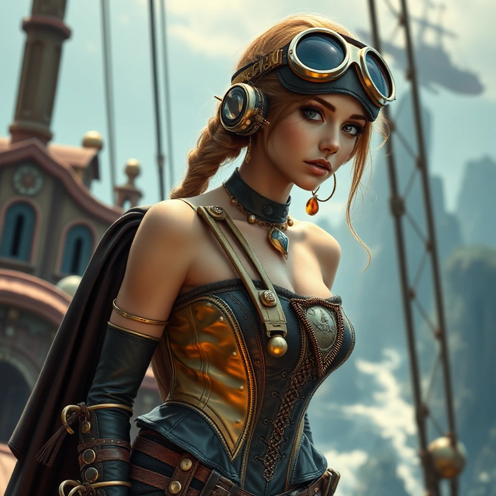 Steampunk princess in a brass and leather corset, goggles atop her head, standing on the deck of a floating airship city