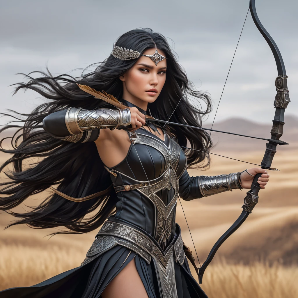 A warrior princess from the steppes, equipped with traditional leather armor adorned with intricate geometric patterns and metalwork, her long black hair flowing behind her in the wind, holding a bow and arrow ready for battle.