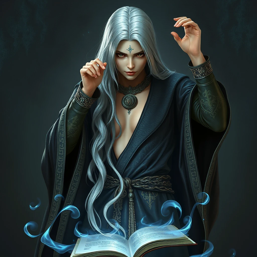 An ancient sorceress with silver hair reaching her waist, wearing robes that swirl with patterns of ancient runes and arcane symbols, her hands poised above an open tome as if preparing to cast a powerful spell.