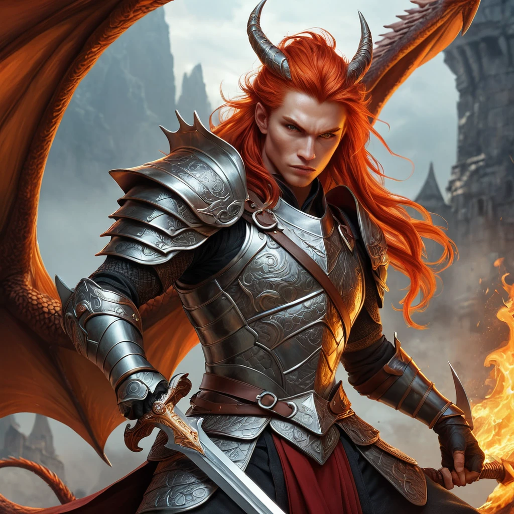 A dragon-riding warrior with fiery red hair and a fierce expression, holding a sword aloft