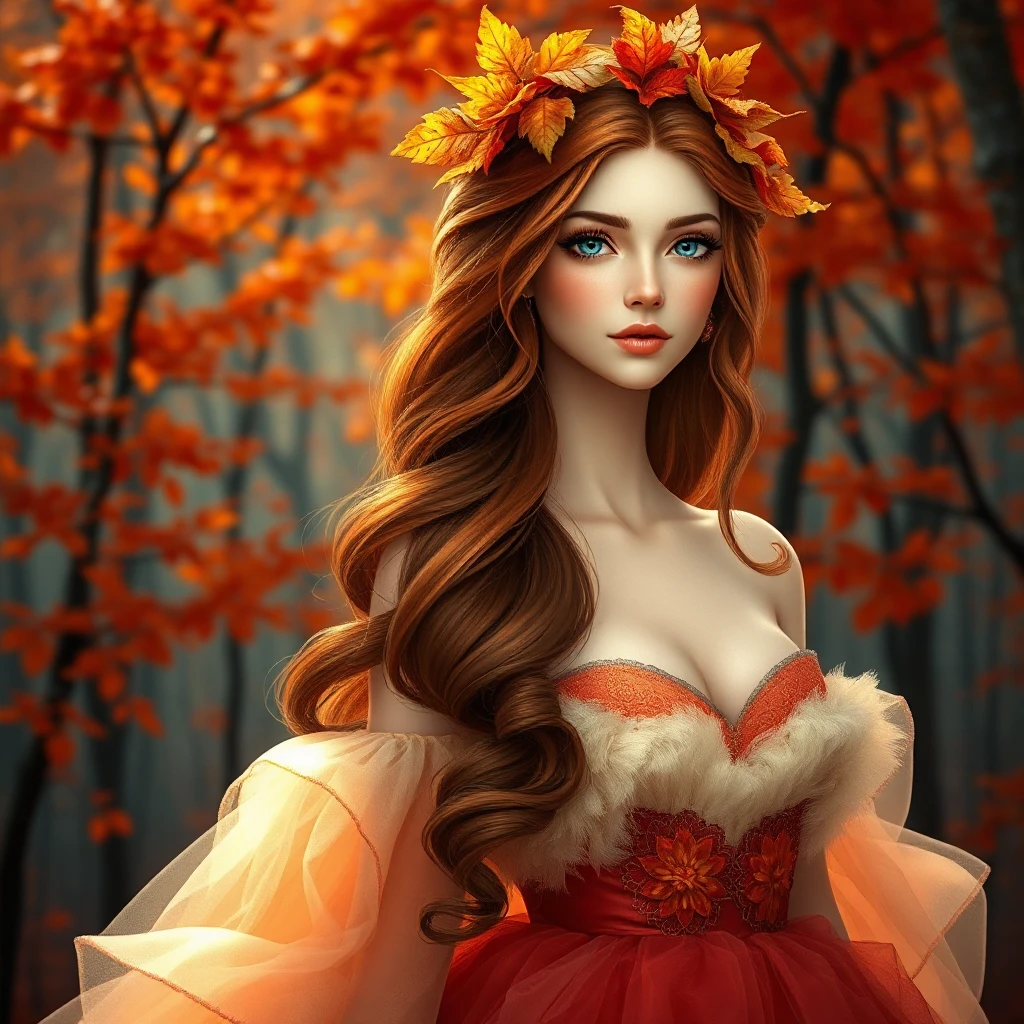 Autumn princess with auburn hair crowned by golden leaves, her dress a swirl of fall colors, in a forest of red and orange trees