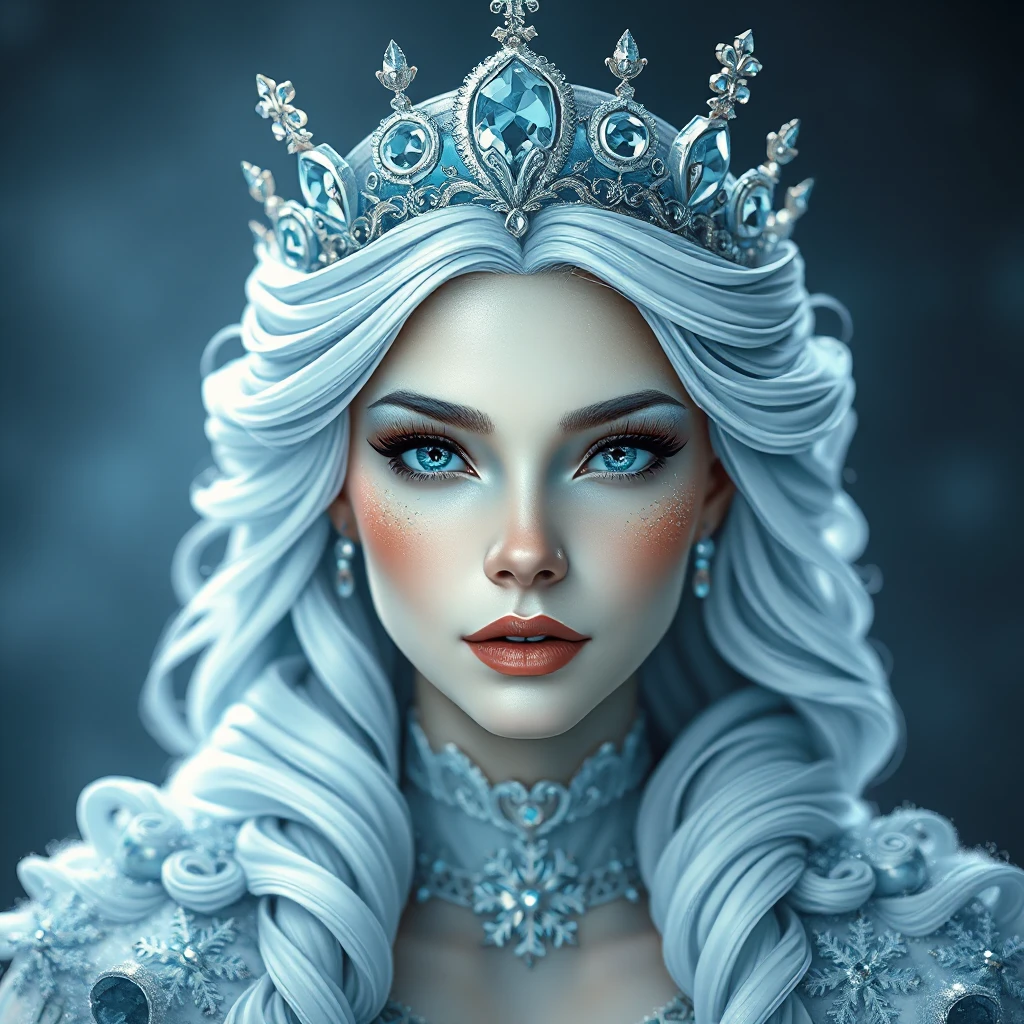 Regal ice queen with piercing blue eyes and frost-tipped hair, wearing a crystalline crown and a gown of swirling snowflakes